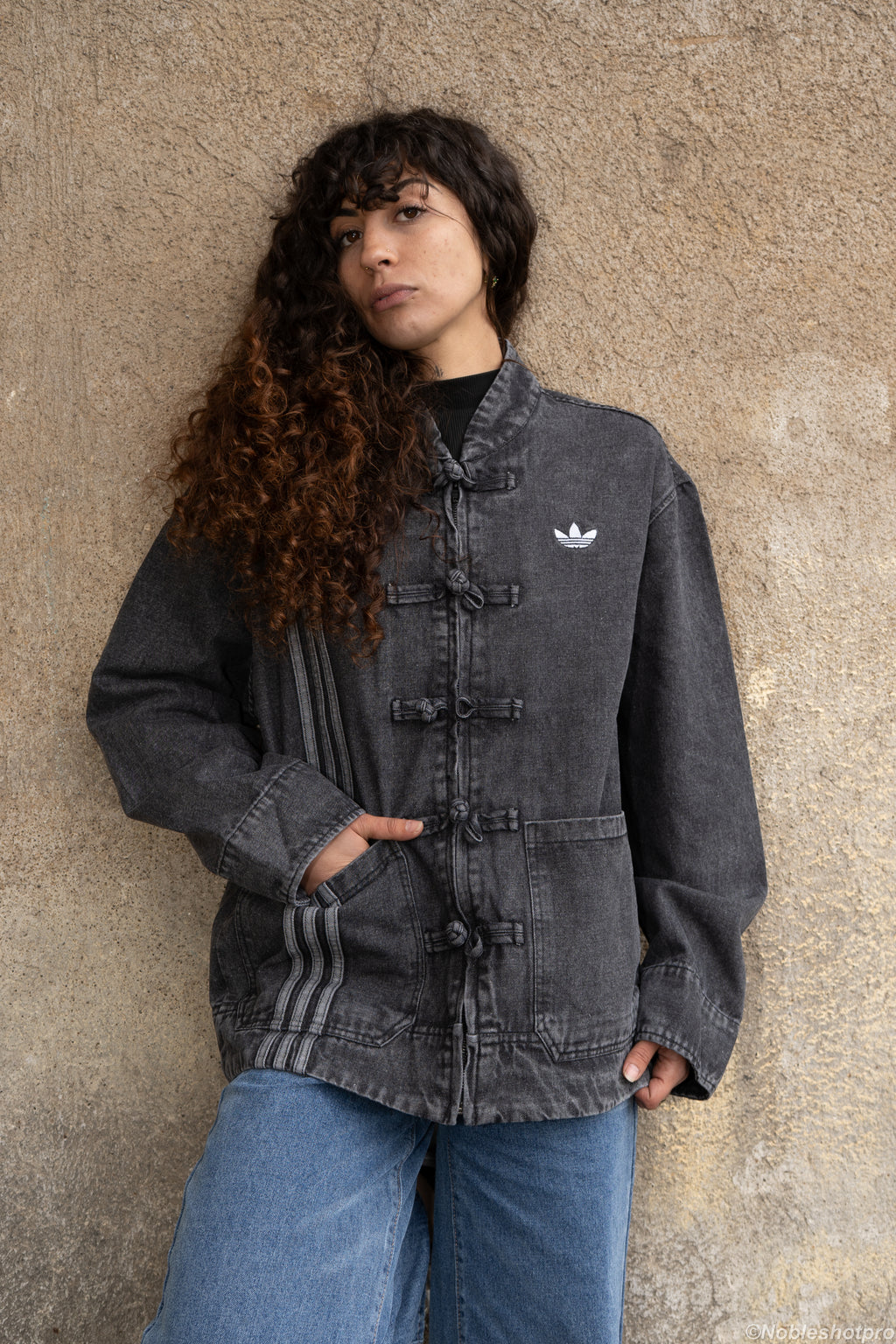 Denim Long Frog Button - Black