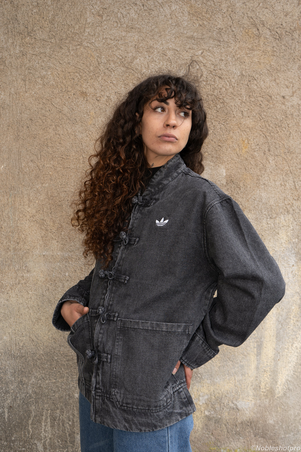 Denim Long Frog Button - Black